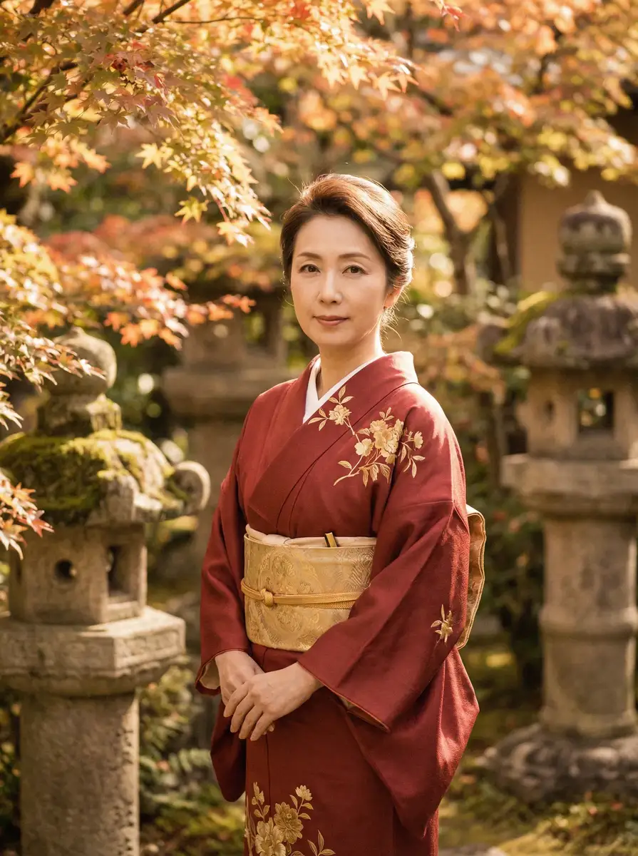 一位身穿暗红色和服的优雅 大奶子 在日式庭院中